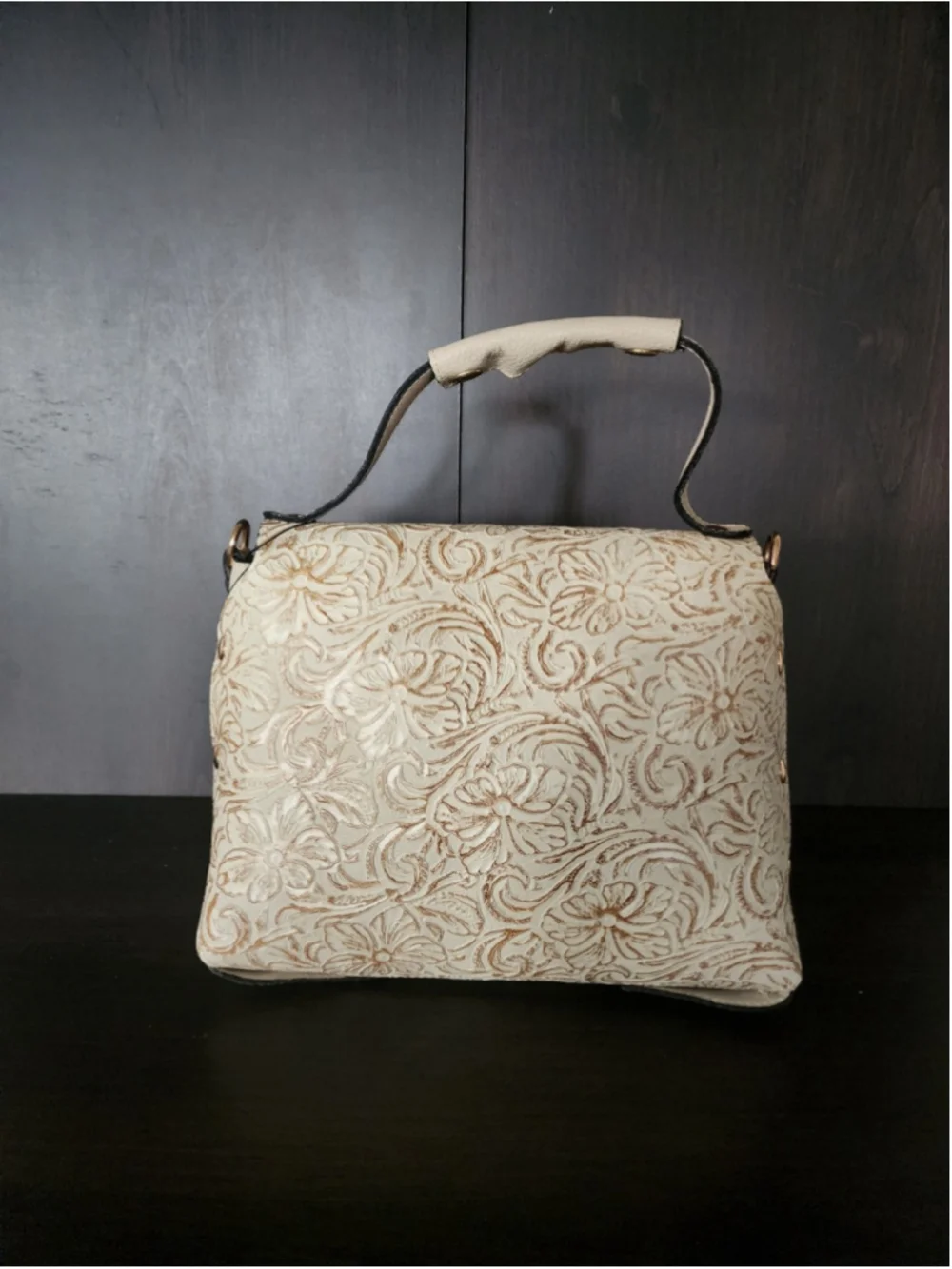 Off White Ivory Floral Studded Embossed Artisan LEATHER Purse Handbag Crossbody
